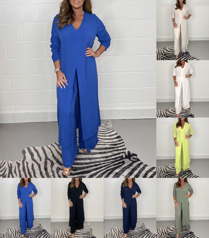 Talia - V-Neck Slit Casual Two-Piece Set