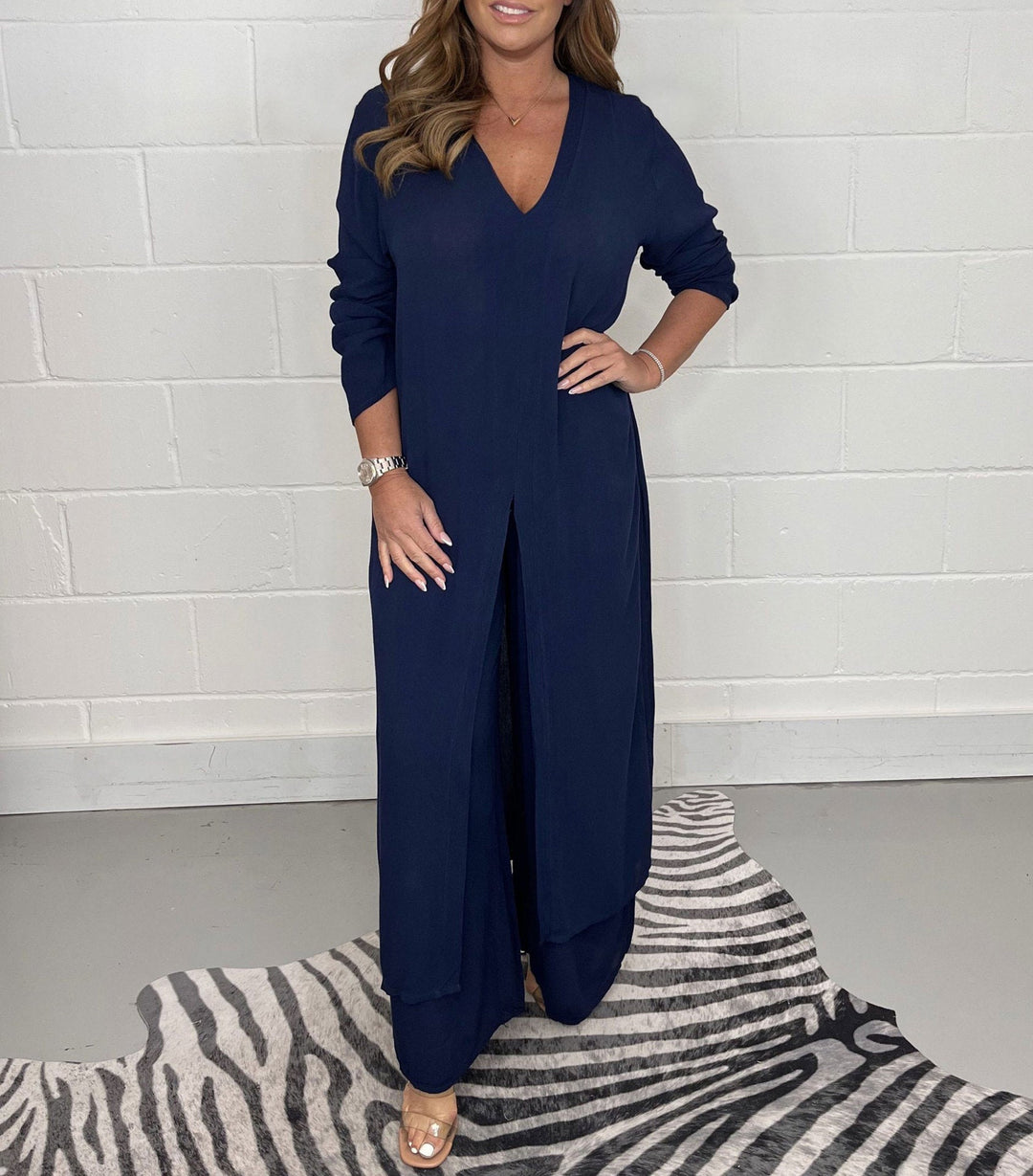 Talia - V-Neck Slit Casual Two-Piece Set