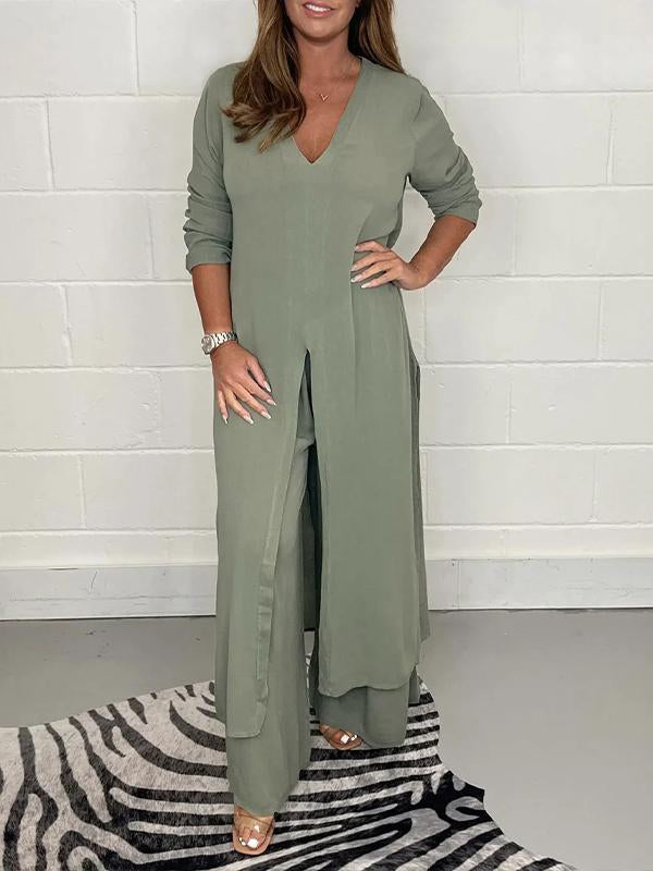 Talia - V-Neck Slit Casual Two-Piece Set