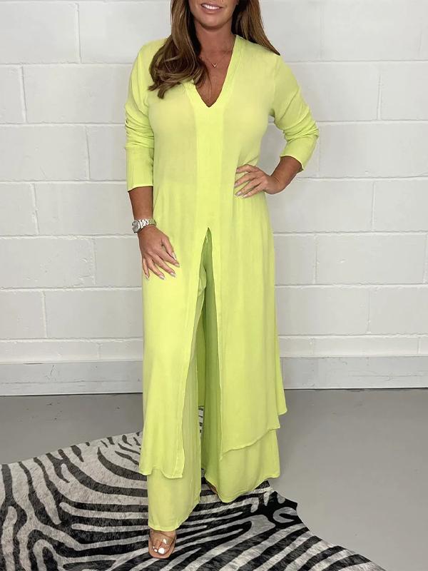 Talia - V-Neck Slit Casual Two-Piece Set