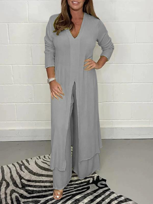 Talia - V-Neck Slit Casual Two-Piece Set