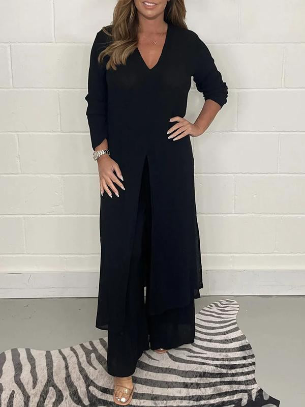 Talia - V-Neck Slit Casual Two-Piece Set